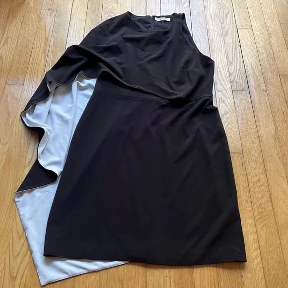 Halston Heritage Size 10 Black & White Draped Ruffle Overlay Asymmetrical Dress